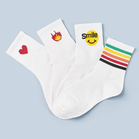 4pairs Striped & Smile Pattern Socks