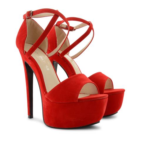 Red Suede Cross Over Strap Platform Heels - Martha