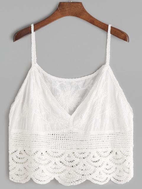 White Flower Embroidered Crochet Crop Cami Top