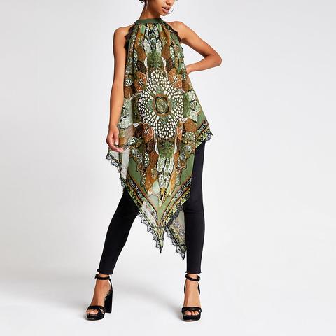 Green Scarf Print Halter Neck Top