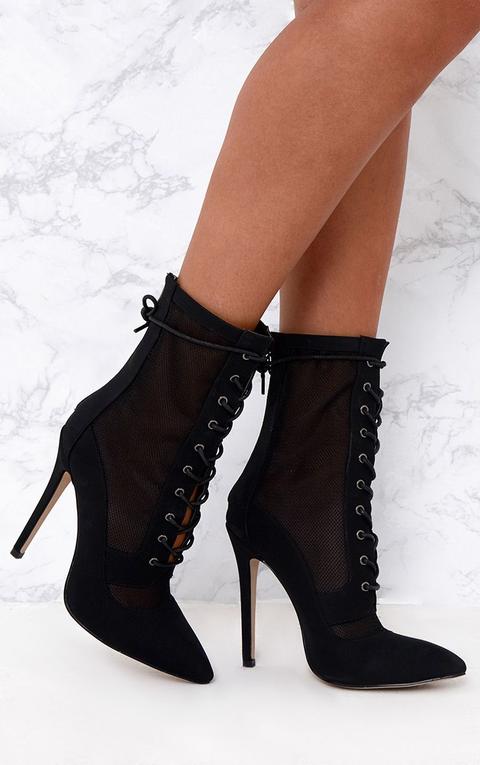 Black Mesh Insert Lace Up Boots