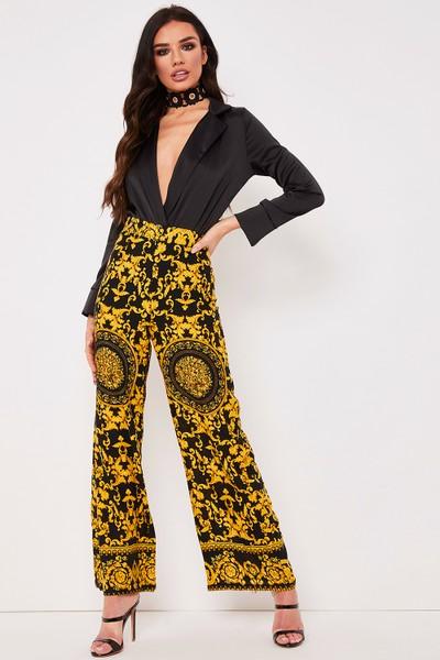 Sarah Black & Yellow Patterned Wide Leg Trousers