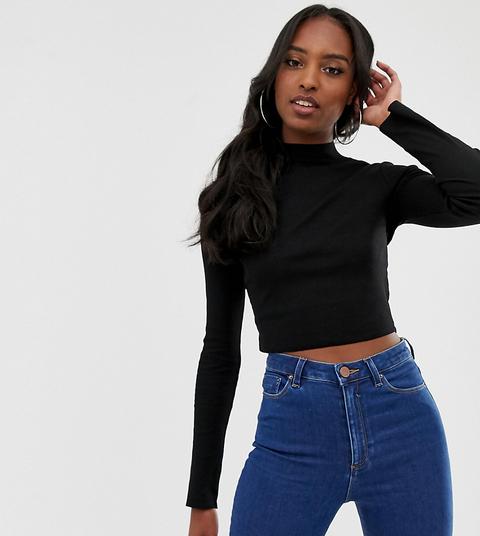 Top Corto De Manga Larga De Canalé En Negro Con Cuello Alto Y Bajo Sin Rematar De Asos Design Tall
