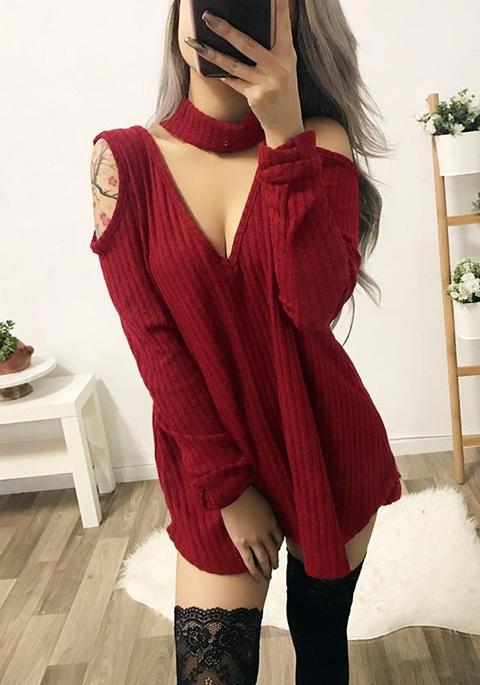 Wine Red Plain Wrap Cut Out V-neck Fashion Mini Dress