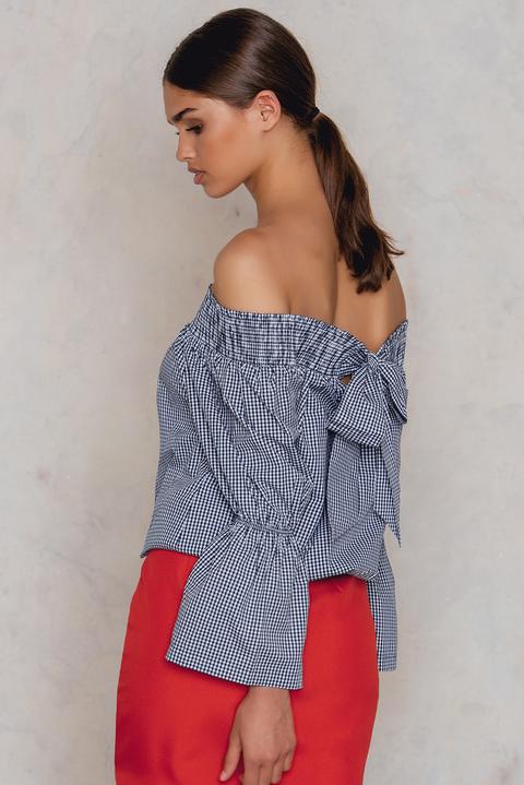 Off Shoulder Knot Back Top Checkered