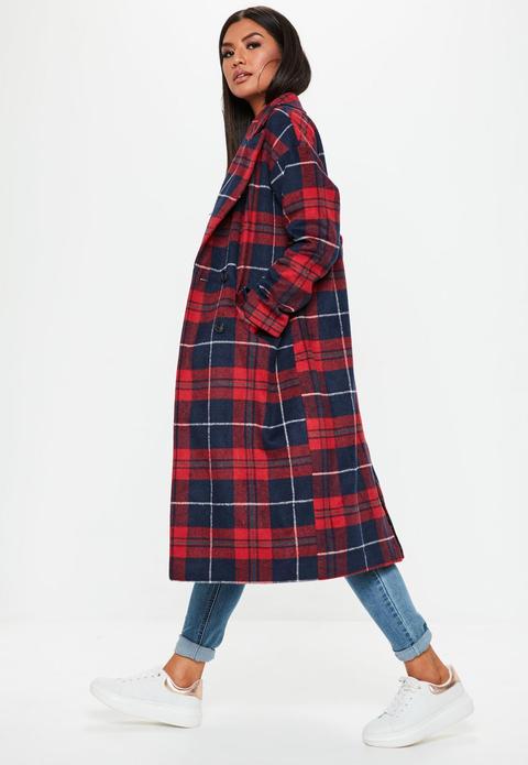 Red Checked Long Line Coat, Red