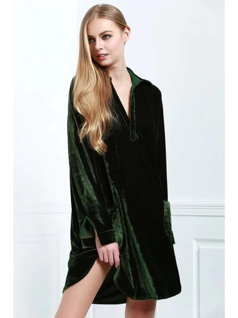 Vestido Camisero De Terciopelo Suelto Cadetblue Army Green Wine Red