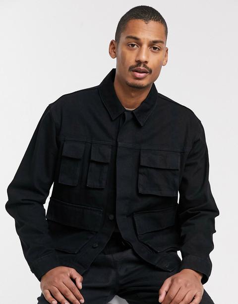 Asos Design Denim Jacket With Utility Pockets In Black