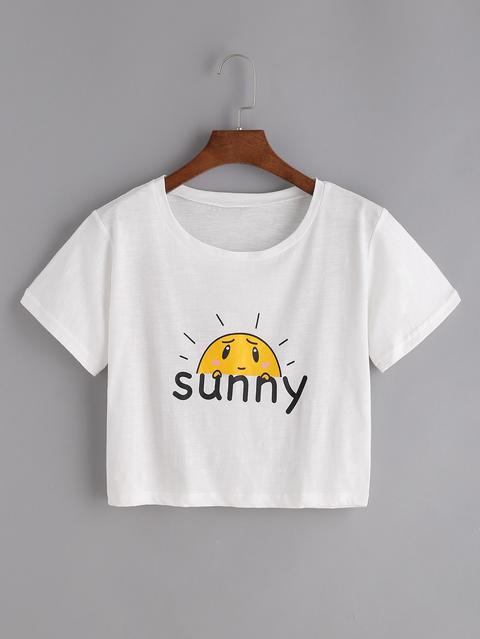 White Cartoon Print Crop T-shirt