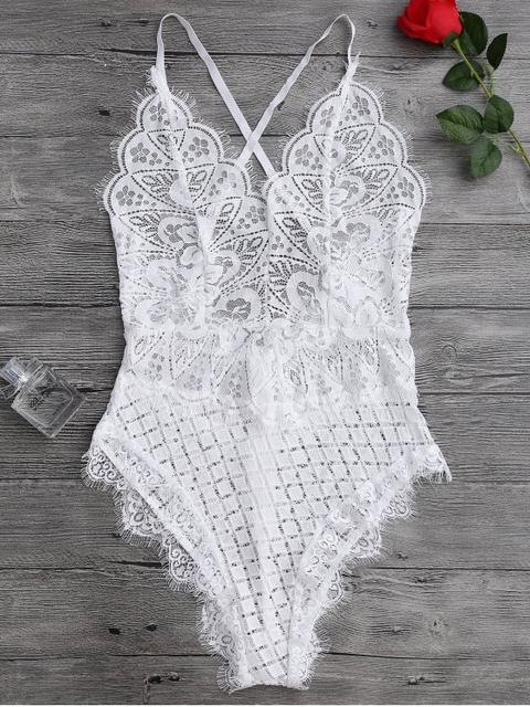 Scaolloped Sheer Eyelash Lace Teddy Bodysuit