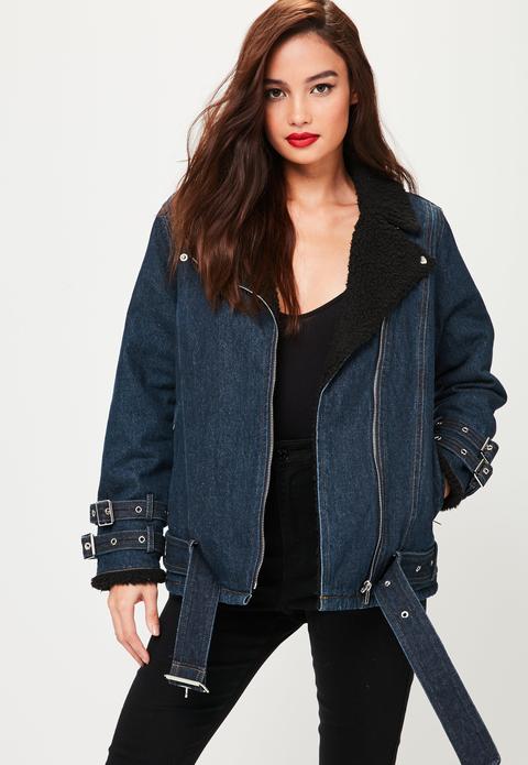 Petite Navy Denim Borg Lined Aviator Jacket