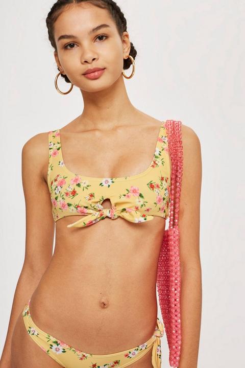 Floral Print Tie Front Crop Bikini Top