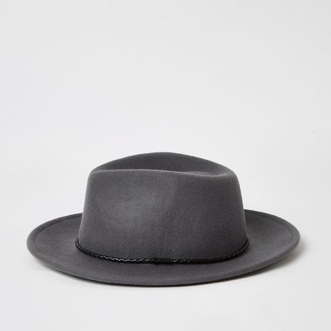 Grey Faux Leather Rope Trim Fedora Hat