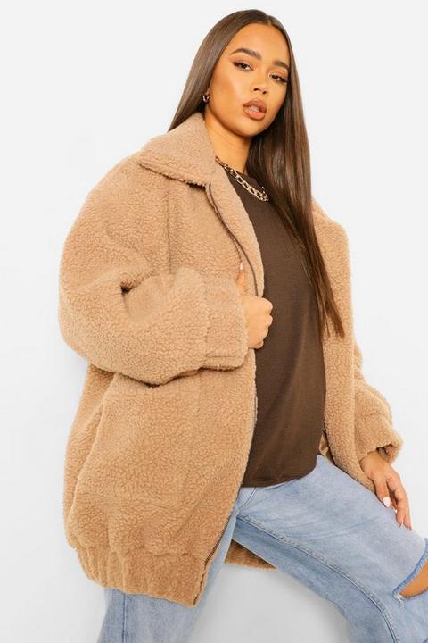 Womens Oversized Teddy Faux Fur Bomber Jacket - Beige - 8, Beige