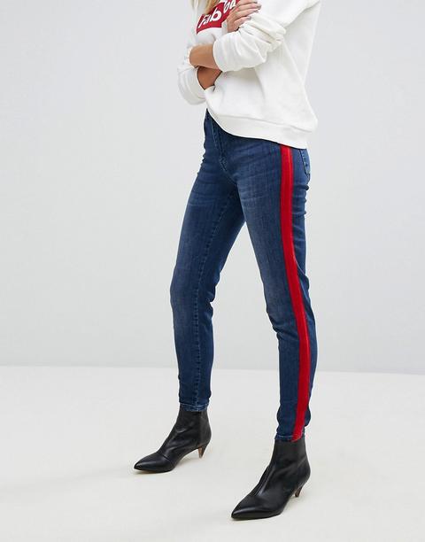Stradivarius - Jeans A Vita Alta Con Riga In Velluto A Contrasto - Blu