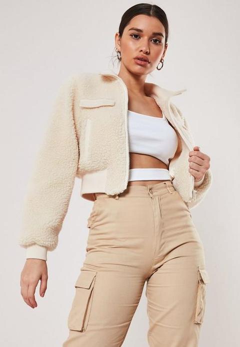 Cream Cropped Borg Teddy Bomber Jacket, Cream