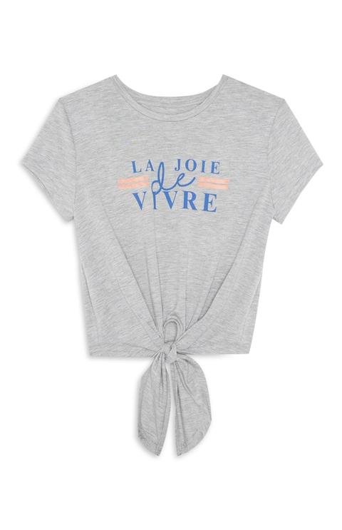 Grey Slogan Tie Front Top