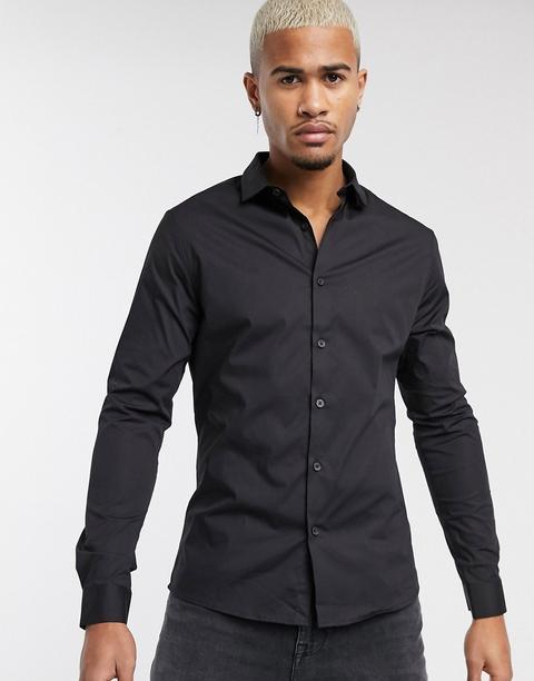 Camisa Negra Ajustada Y Elástica De Asos Design-negro