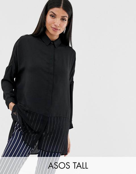 Asos Design Tall - Camicia Morbida A Maniche Lunghe Trasparente E Opaca - Nero