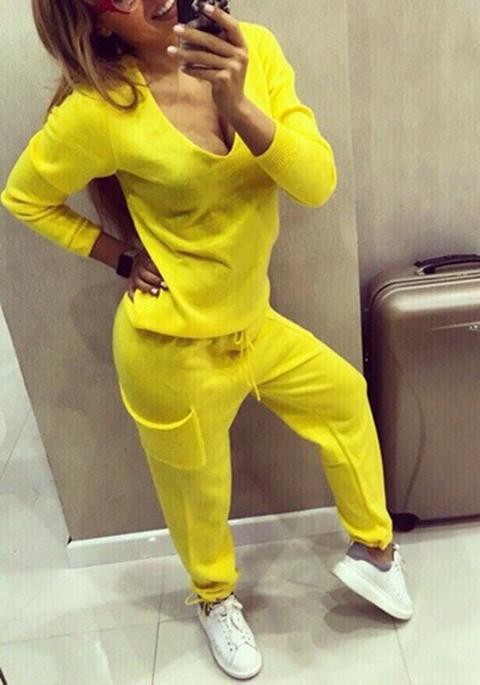 Yellow Plain Pockets Streetwear Mercerized Cotton Long Jumpsuit