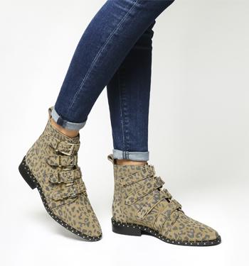 Office Amsterdam- Multi Buckle Studded Boot Leopard Nubuck Gold Hardware