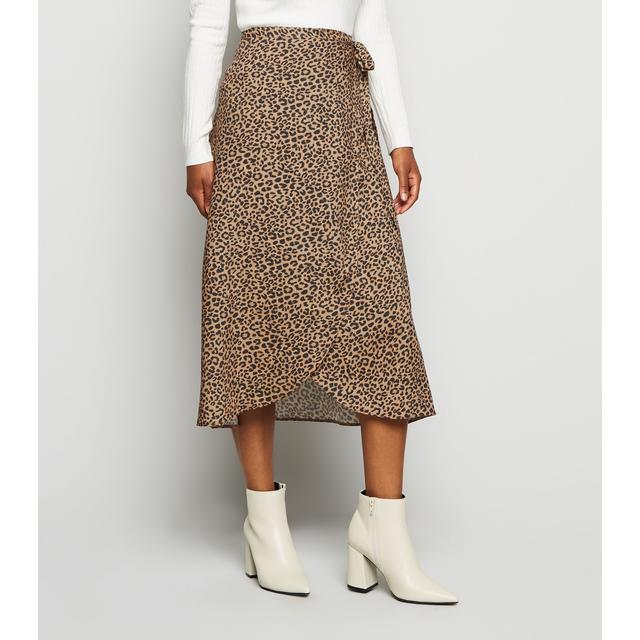 new look brown leopard print midi wrap skirt