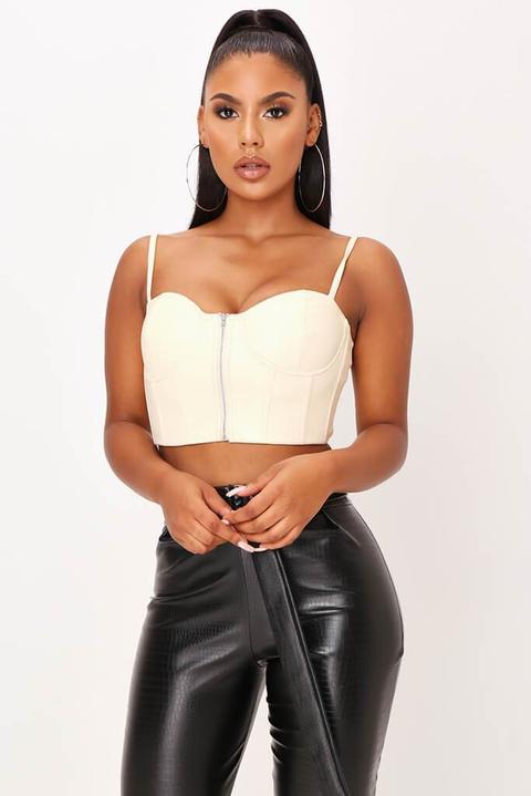 Nude Faux Leather Zip Front Corset Bralet