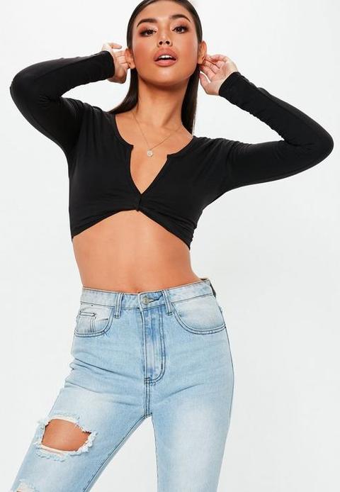 Black Twist Front Long Sleeve Crop Top, Black