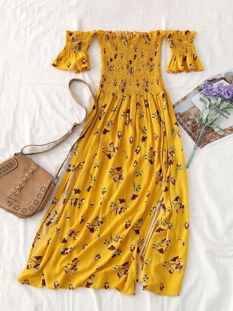 Vestido Midi Floral Corte Lateral Yellow