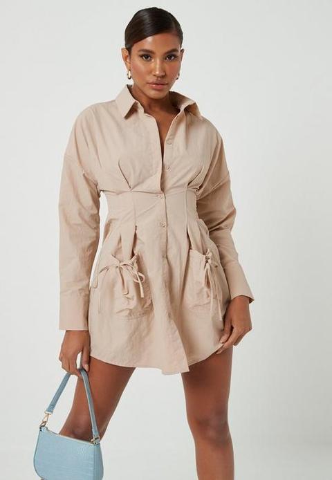 Nude Pleated Waist Pocket Detail Shirt Dress, Nude