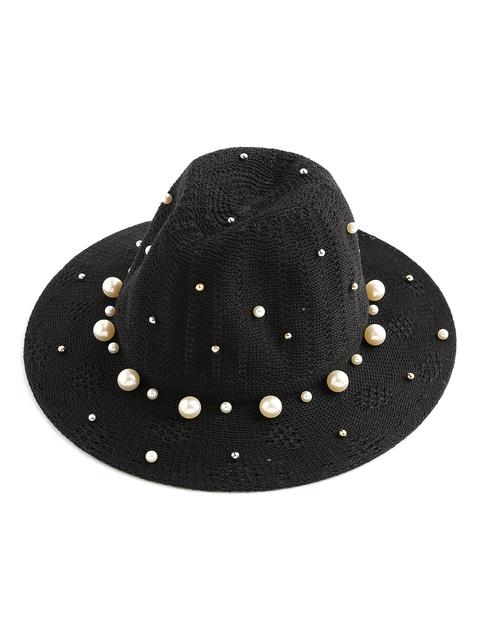 Faux Pearl Embellished Fedora Hat With Rivet