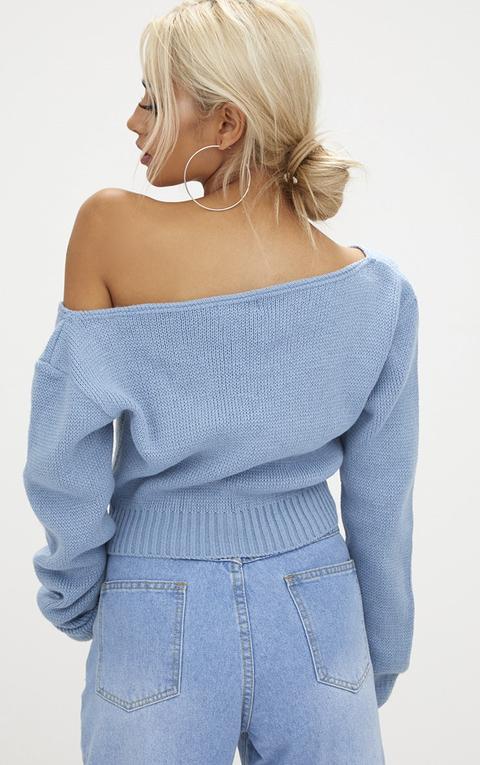 Adelaida Dusty Blue Off Shoulder Knitted Crop Jumper