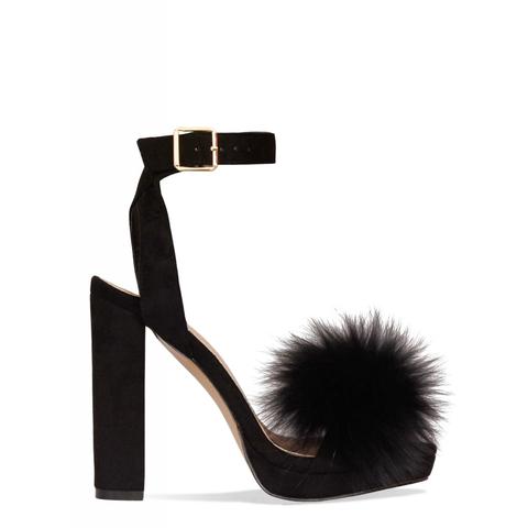 Daphne Black Suede Block Heel Faux Fur Heels