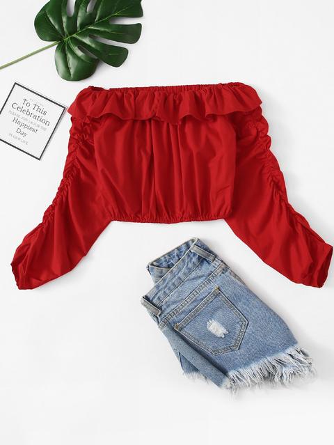 Solid Off Shoulder Ruffle Trim Blouse