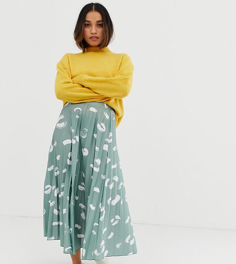 Asos Design Petite Pleated Midi Skirt In Brush Stroke Print - Green