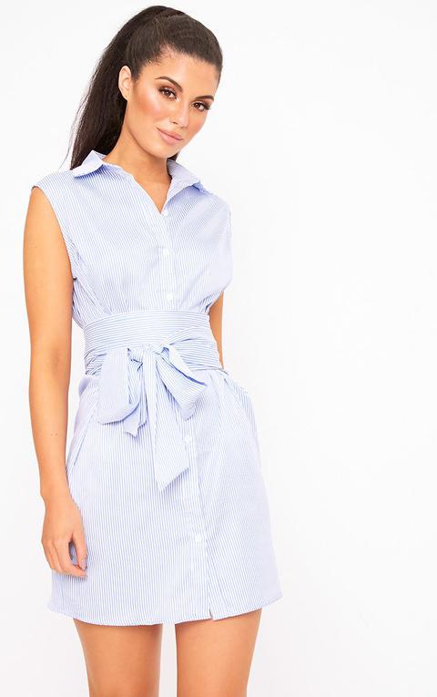 Blue Sleeveless Pinstripe Tie Waist Shirt Dress