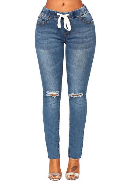 Medium Blue Drawstring-waist Washout Ripped Skinny Jeans