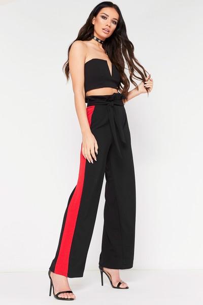 Elizabeth Black Red Side Stripe Paper Bag Trousers