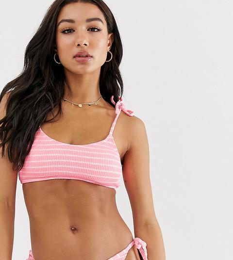 New Look Textured Stripe Bikini Top In Pink Stripe