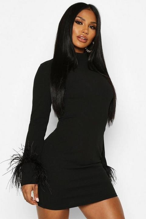 Womens High Neck Feather Cuff Mini Dress - Black - 14, Black