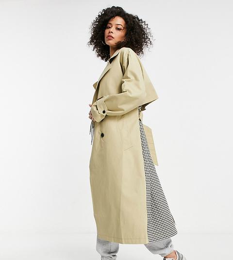 Asos Design Tall Check Spliced Oversized Trench Coat In Stone-neutral