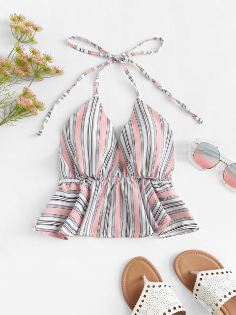 Striped Ruffle Hem Halter Top