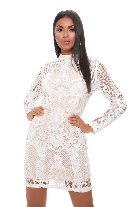 White Crochet Lace High Neck Bodycon Dresss