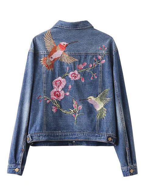 Bird And Flower Embroidery Back Denim Jacket