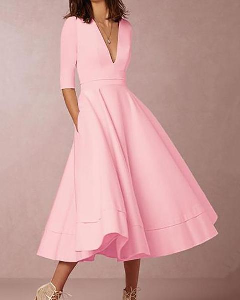 Elegant V Neck High Waist Pleated Swinging Maxi Dress