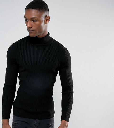 Asos Tall - Maglione Attillato Nero A Coste Con Collo Alto - Nero