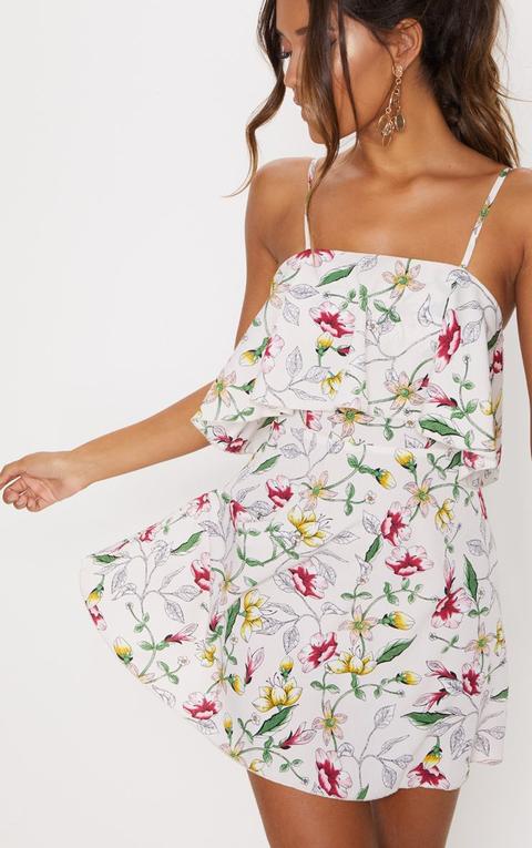 Cream Floral Print Strappy Layered Skater Dress, White