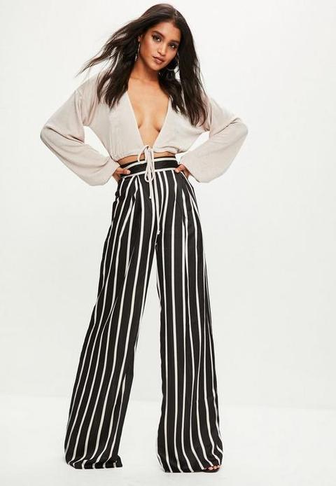 Tall Black Striped Wide Leg Trousers, Black