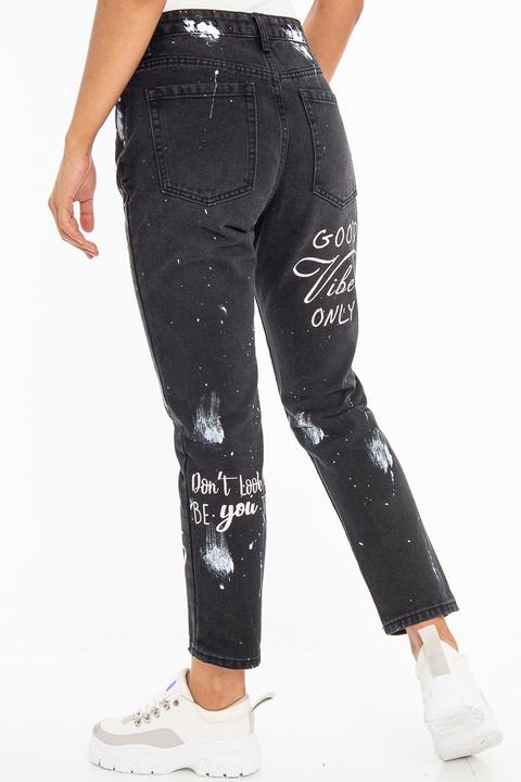 Washed Black Slogan Ripped Knee Mom Jeans - Carla from Rebellious Fashion  on 21 Buttons