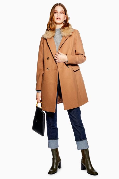 Womens Faux Fur Collar Coat - Camel, Camel